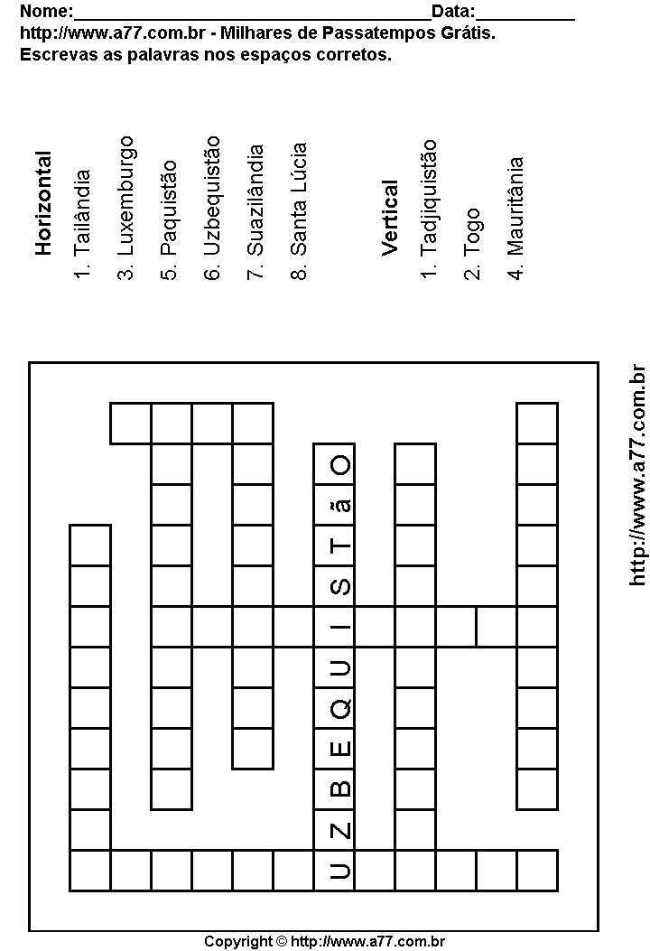 Cruzadinha Para Imprimir com Países