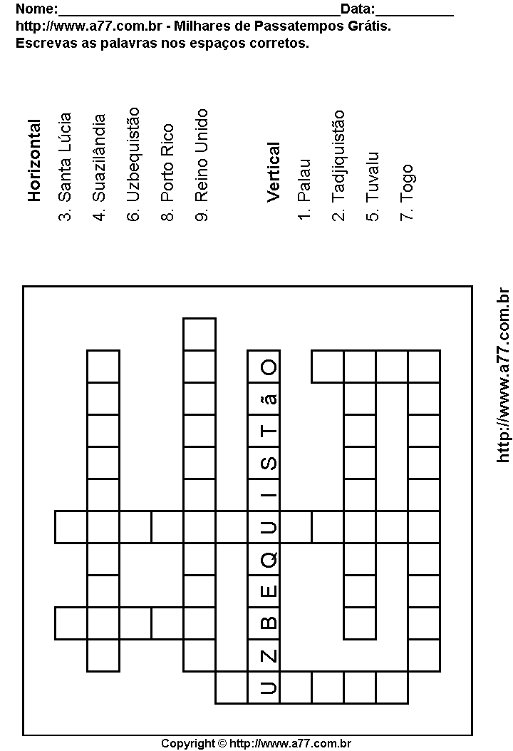 Cruzadinha Para Imprimir com Países