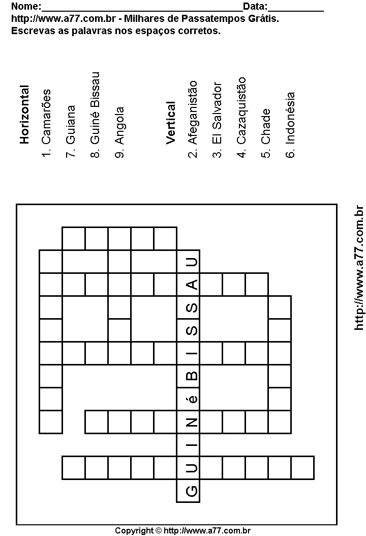 Cruzadinha Para Imprimir com Nomes de Países