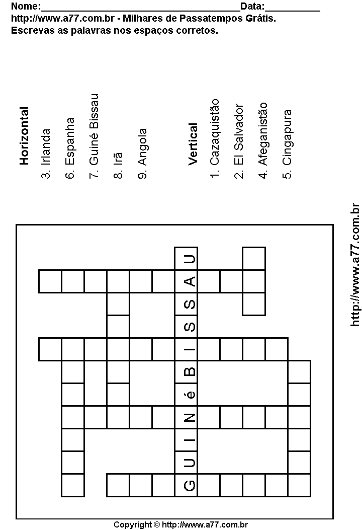 Cruzadinha Para Imprimir com Nomes de Países