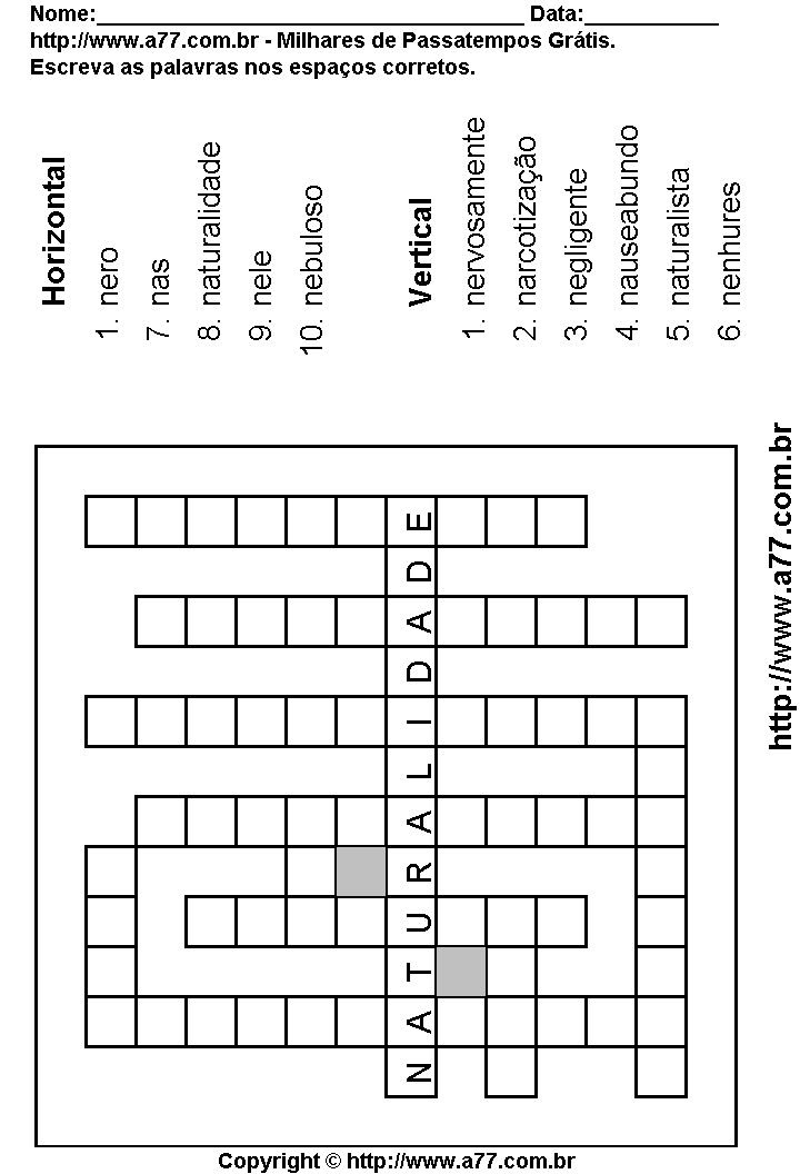 Cruzadinha Para Imprimir com Palavras Escritas Com a Letra N