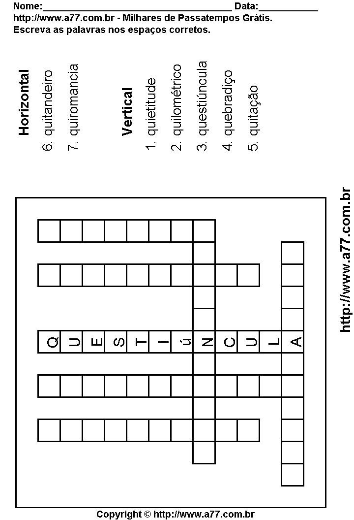 Cruzadinha Para Imprimir com Palavras Escritas Com a Letra Q