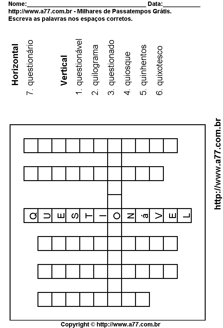 Cruzadinha Para Imprimir com Palavras Escritas Com a Letra Q