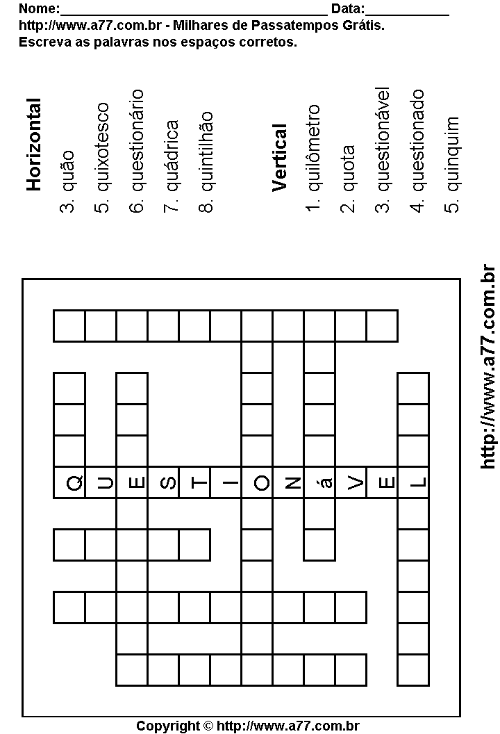 Cruzadinha Para Imprimir com Palavras Escritas Com a Letra Q