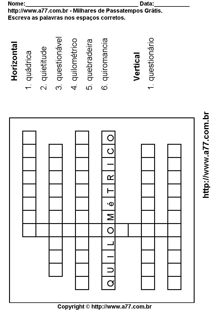 Cruzadinha Para Imprimir com Palavras Escritas Com a Letra Q