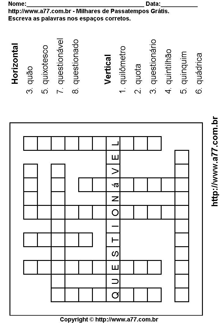 Cruzadinha Para Imprimir com Palavras Escritas Com a Letra Q