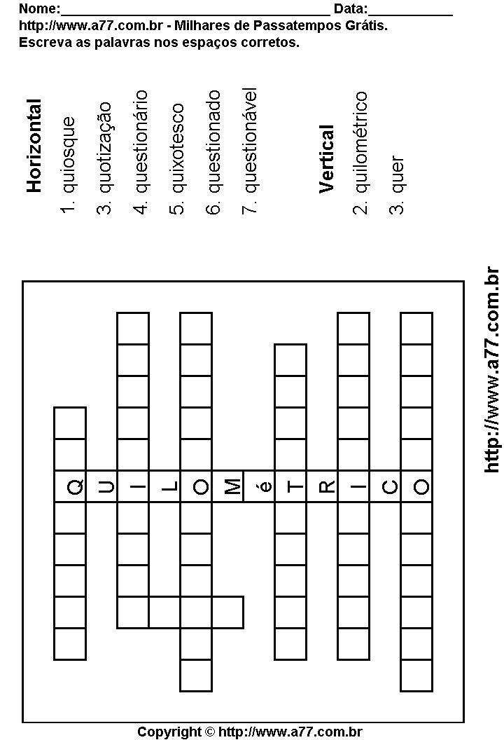 Cruzadinha Para Imprimir com Palavras Escritas Com a Letra Q