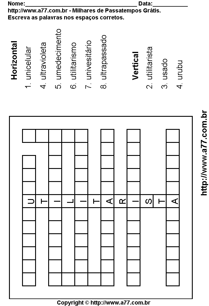 Cruzadinha Para Imprimir com Palavras Escritas Com a Vogal U