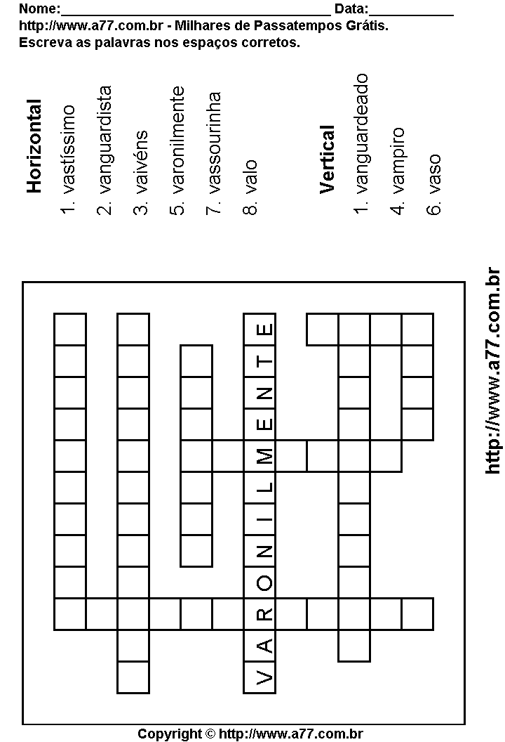 Cruzadinha Para Imprimir com Palavras Escritas Com a Letra V