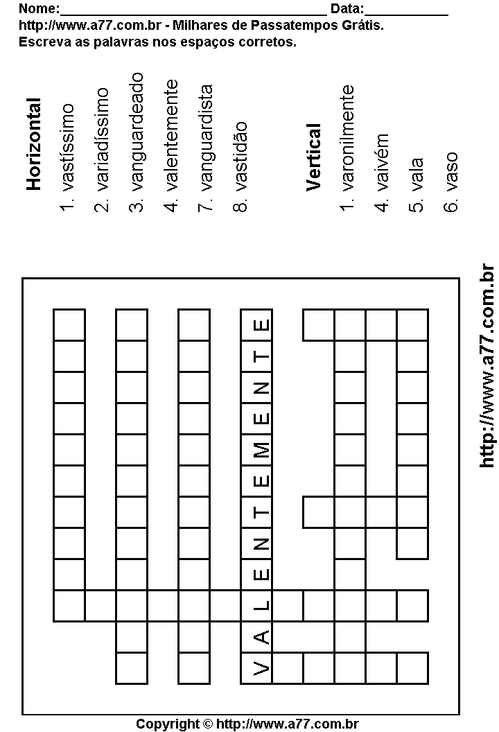 Cruzadinha Para Imprimir com Palavras Escritas Com a Letra V