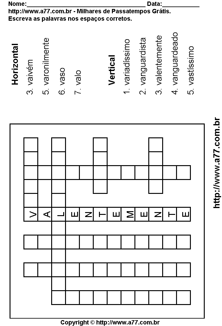 Cruzadinha Para Imprimir com Palavras Escritas Com a Letra V