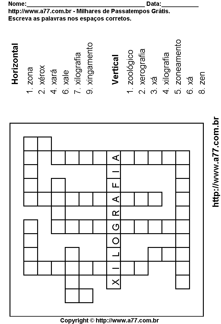 Cruzadinha Para Imprimir com Palavras Escritas Com as Letras X, Z