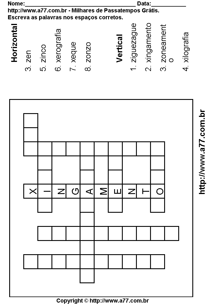 Cruzadinha Para Imprimir com Palavras Escritas Com as Letras X, Z