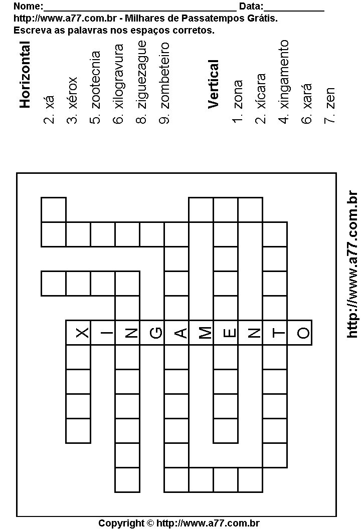 Cruzadinha Para Imprimir com Palavras Escritas Com as Letras X, Z