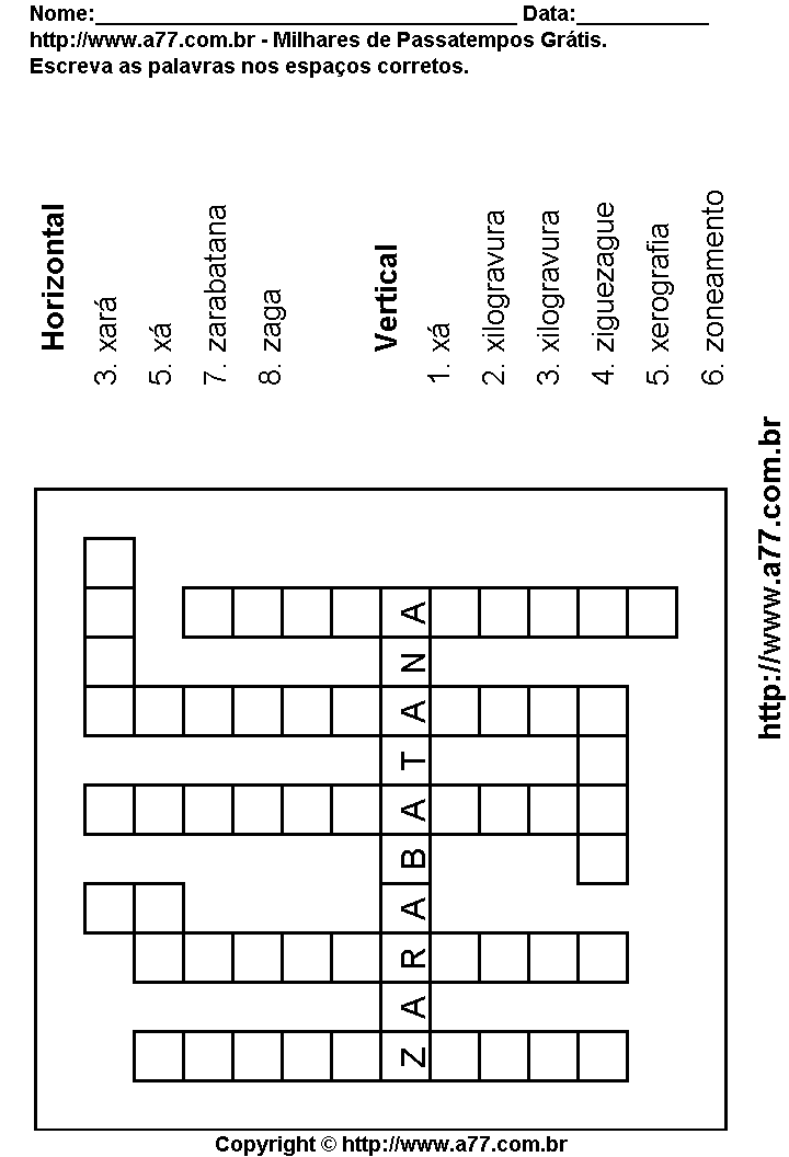 Cruzadinha Para Imprimir com Palavras Escritas Com as Letras X, Z