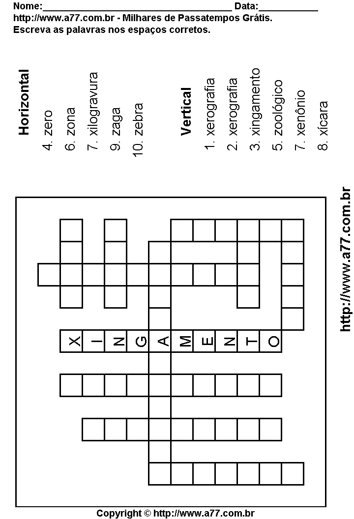 Cruzadinha Para Imprimir com Palavras Escritas Com as Letras X, Z