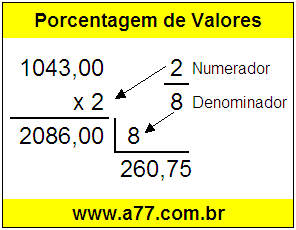 Quanto é 2/8 de R$ 1043,00