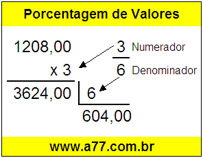 Quanto é 3/6 de R$ 1208,00