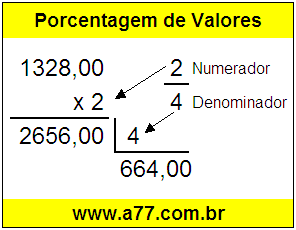 Quanto é 2/4 de R$ 1328,00