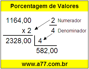 Quanto é 2/4 de R$ 1164,00