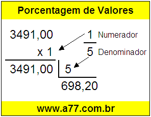 Quanto é 1/5 de R$ 3491,00