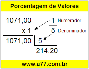 Quanto é 1/5 de R$ 1071,00