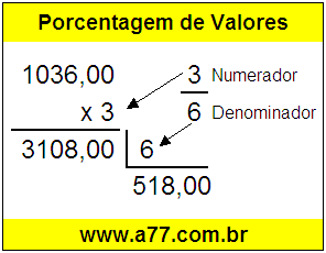 Quanto é 3/6 de R$ 1036,00