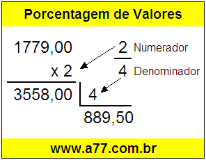 Quanto é 2/4 de R$ 1779,00