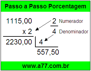 Quanto é 2/4 de R$ 1115,00