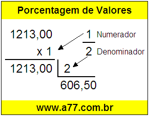 Quanto é 1/2 de R$ 1213,00