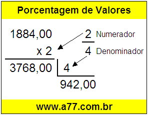 Quanto é 2/4 de R$ 1884,00