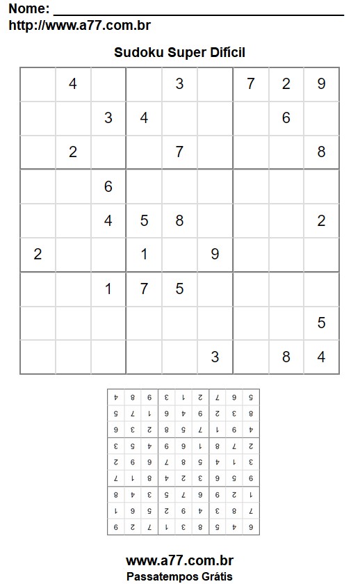 Grelha de Sudoku 9x9 Super Difícil Com Gabarito