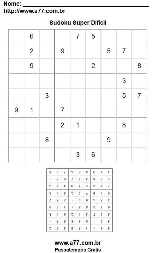 Grelha de Sudoku 9x9 Super Difícil Com Respostas