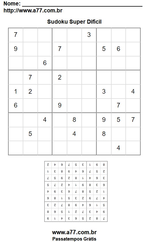 Jogo Sudoku 9x9 Super Difícil Com Gabarito