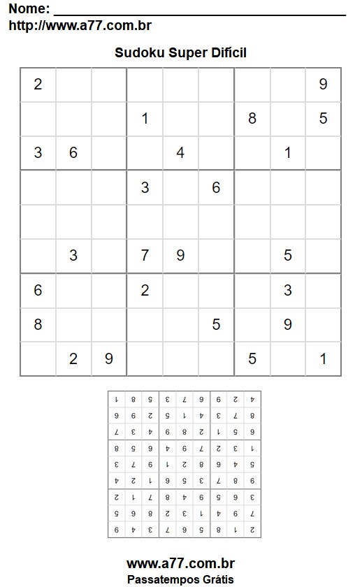 Jogo Sudoku 9x9 Super Difícil Com Respostas