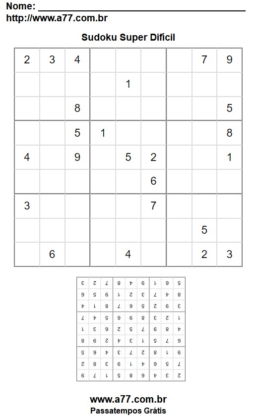 Jogo Sudoku 9x9 Super Difícil Para Imprimir Grátis