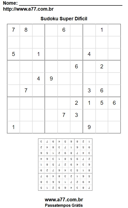 Passatempo Sudoku 9x9 Super Difícil Para Impressão