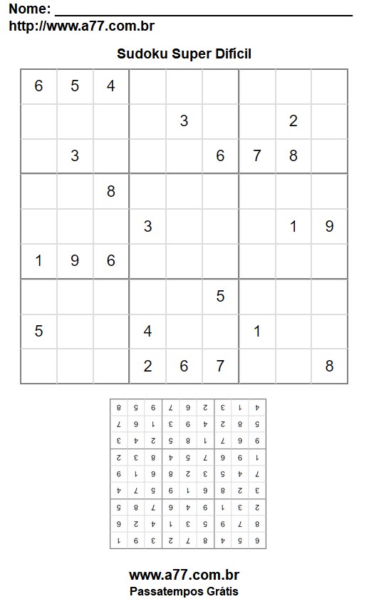 Passatempo Sudoku 9x9 Super Difícil Para Imprimir