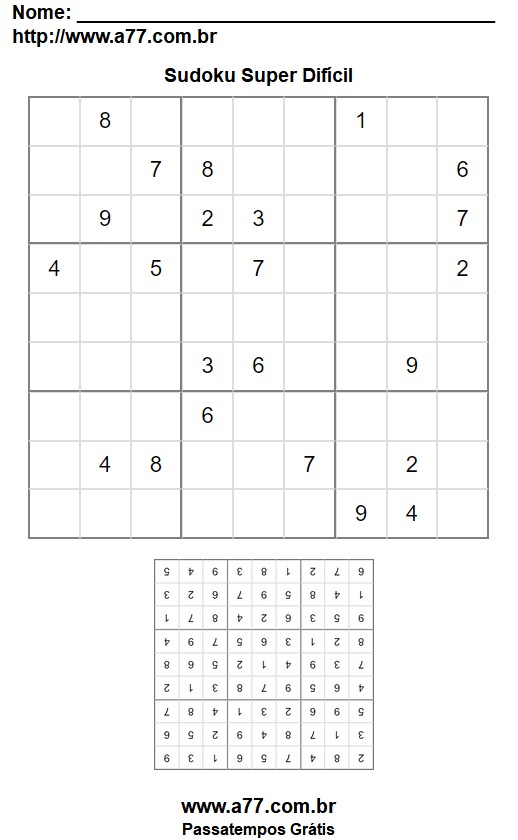 Puzzle Grátis de Sudoku Super Difícil Para Impressão