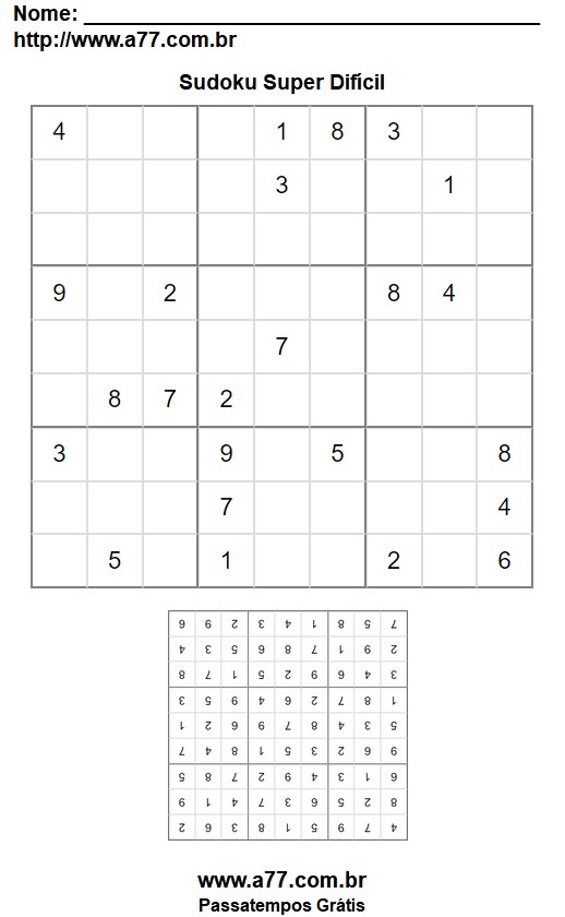 Puzzle Grátis de Sudoku Super Difícil Para Imprimir