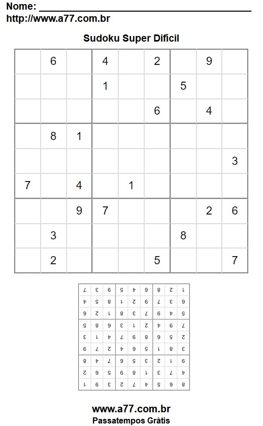 Quebra Cabeça Sudoku 9x9 Super Difícil Para Imprimir