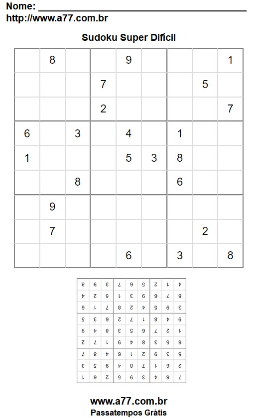 Quebra Cabeça Sudoku Super Difícil Com Gabarito