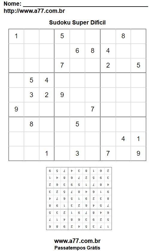 Quebra Cabeça Sudoku Super Difícil Para Imprimir Com Gabarito