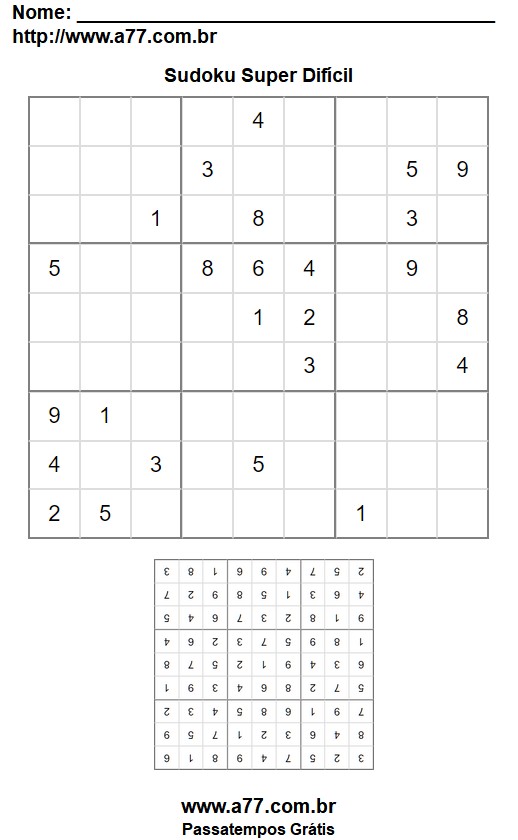 Quebra Cabeça Sudoku Super Difícil Para Imprimir Com Respostas