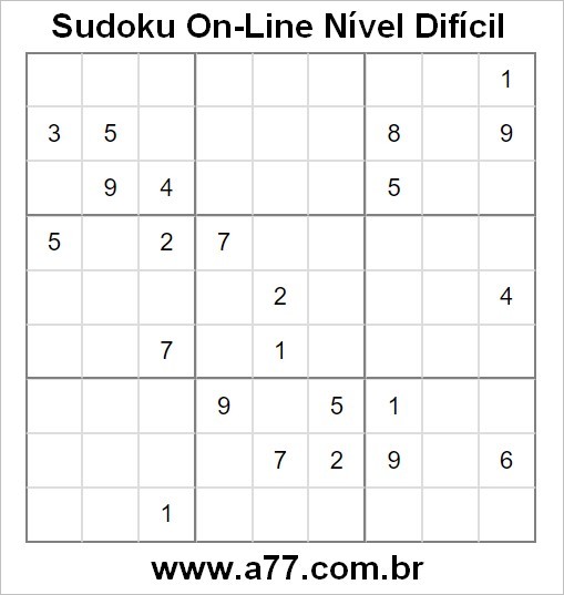 Passatempo Sudoku On-Line Nível Difícil