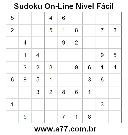 Passatempo Sudoku On-Line Nível Fácil