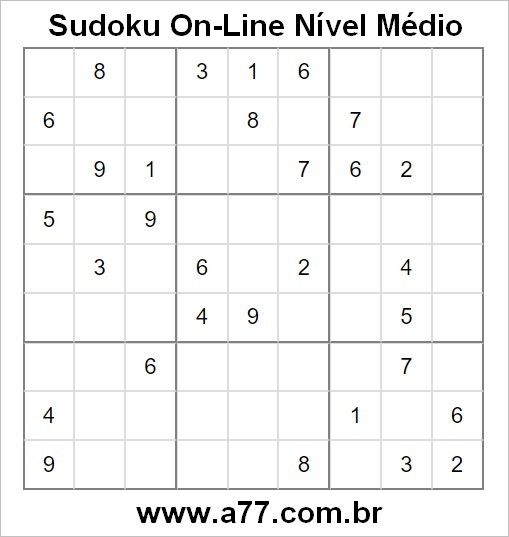 Passatempo Sudoku On-Line Nível Médio