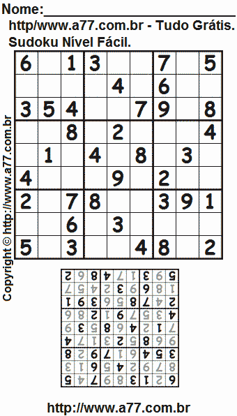 Sudoku Nível Fácil Para Imprimir Com Resposta