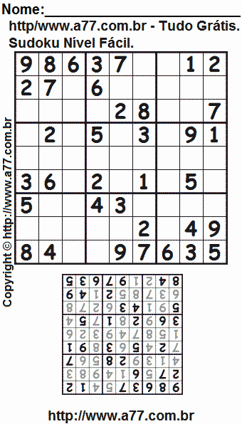 Passatempo Sudoku Nível Fácil Para Imprimir Com Resposta