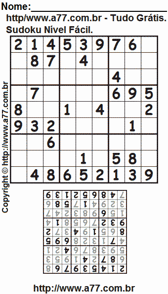 Jogo Sudoku Nível Fácil Para Imprimir Com Resposta